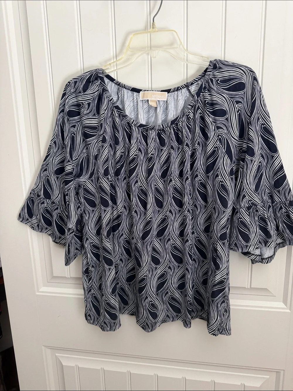 Michael Kors Navy White Flowy Peasant Blouse Elastic Neck Boho Size 2X